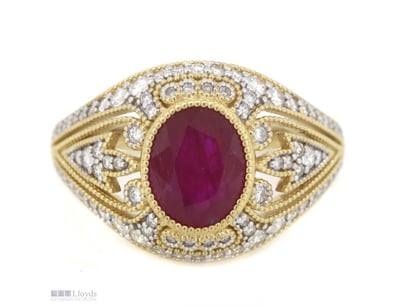 14K YELLOW GOLD, RUBY AND DIAMOND, CLUSTER RING.  ...
