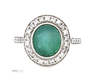 14K WHITE GOLD, EMERALD AND DIAMOND, HALO RING.   ...