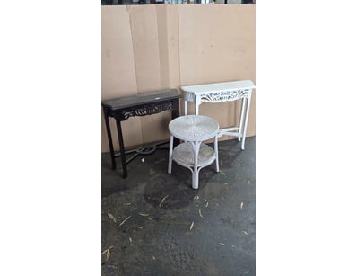 Homewares, 2x shelving units and a wicker style si...