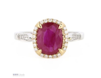 14K WHITE/YELLOW GOLD, RUBY AND DIAMOND, HALO RING...