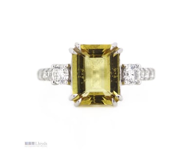 14K WHITE GOLD, HELIODOR AND DIAMOND, DRESS RING. ...