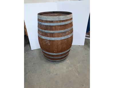 Barrel table, timber and metal style, brown finish...