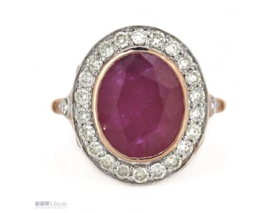 14K ROSE GOLD, 6.15CT RUBY AND DIAMOND, HALO STATE...
