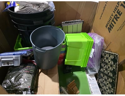 Pallet of household items including containers, ga...
