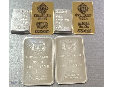 1/100 SCOTTDALE GOLD BAR X 2, 1 GRAM VALCUMBI SILV...