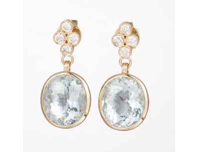 14CT YELLOW GOLD AQUAMARINE AND DIAMOND DROP EARRI...