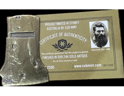 2016 "NED KELLY" HELMET INGOT, 999 24K ANTIQUE GOL...