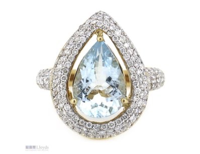 14K YELLOW GOLD, AQUAMARINE AND DIAMOND, CLUSTER R...