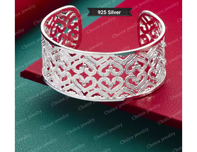 925 SILVER WIDE HOLLOWED HEART CUFF BANGLE        ...