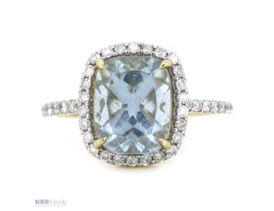 14K YELLOW GOLD, AQUAMARINE AND DIAMOND, HALO RING...
