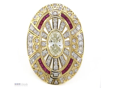 14K YELLOW GOLD, RUBY AND DIAMOND, ART DECO INSPIR...