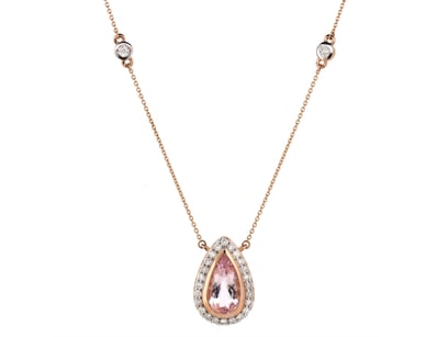 14K ROSE GOLD, MORGANITE AND DIAMOND, HALO NECKLAC...