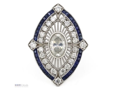 14K WHITE GOLD, BLUE SAPPHIRE AND DIAMOND, ART DEC...