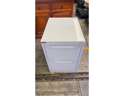 Light grey metal filing cabinet with two drawers a...