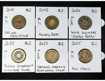 SIX AUSTRALIAN COLOURED TWO DOLLAR COINS

Coins ...