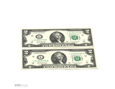 2 X SEQUENTIAL UNCIRCULATED TWO DOLLAR BILL $2 NOT...