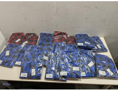Assorted mens clothing, includes red and blue shir...