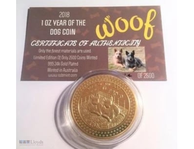 2018 "YEAR OF THE DOG" 1 OZ COIN 999 24K GOLD PLAT...