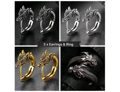 3 X PAIRS OF UNISEX EARRINGS AND DRAGON HEAD RING ...