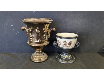 PAIR OF DECORATIVE URNS - CLASSICAL BRONZE AND POR...