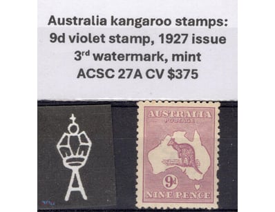 Australia Kangaroo Stamps: 9D Violet Issue,1927, 3...