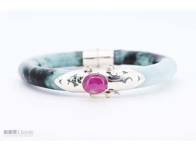 NATURAL JADEITE & NATURAL RUBY BANGLE ON 925 SILVE...