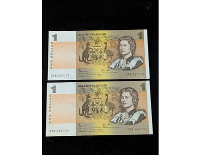 TWO CONSECUTIVE AUSTRALIAN ONE DOLLAR BANKNOTES
...