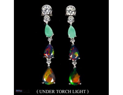 NATURAL RAINBOW FIRE OPAL & EMERALD EARRINGS.     ...