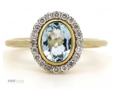 14CT YELLOW GOLD, AQUAMARINE AND DIAMOND, HALO RIN...
