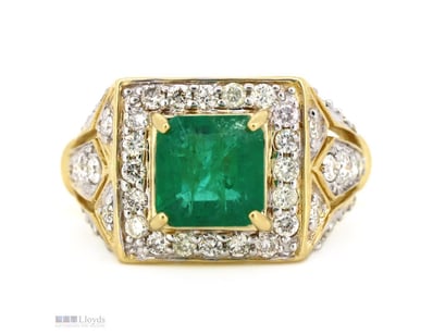 14K YELLOW GOLD, EMERALD AND DIAMOND, HALO RING.  ...