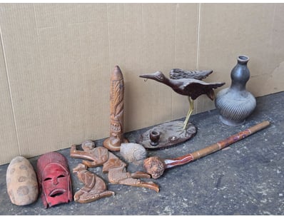 Ornaments, including carved timber wall hangings, ...