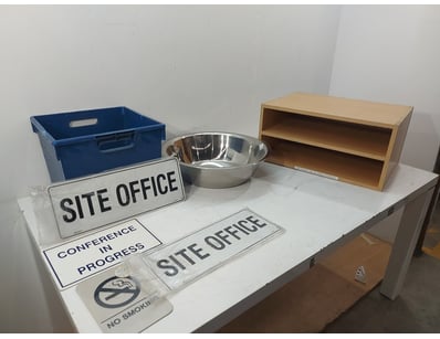 Lot comprising site office equipment and signage. ...