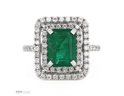 14K WHITE GOLD, EMERALD AND DIAMOND, DOUBLE HALO R...