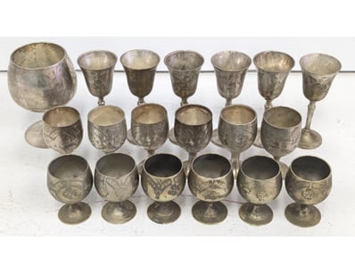 COLLECTION OF SILVER-PLATED GOBLETS AND DRINKING V...