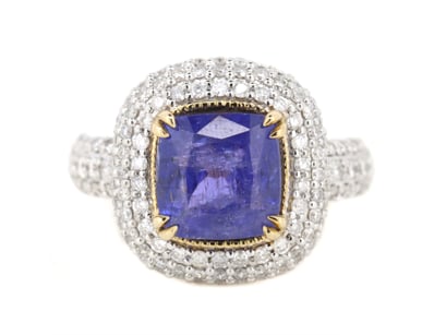 14K YELLOW GOLD, TANZANITE AND DIAMOND, CLUSTER RI...