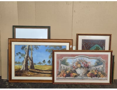 Artwork, 11 pieces including assorted framed print...