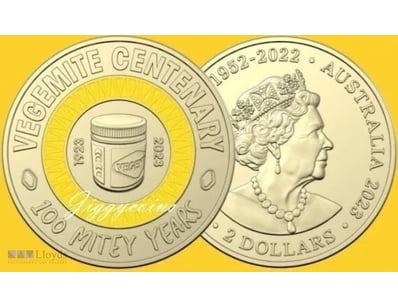 UNC 2023 $2 VEGEMITE YELLOW RARE COLOURED TWO DOLL...