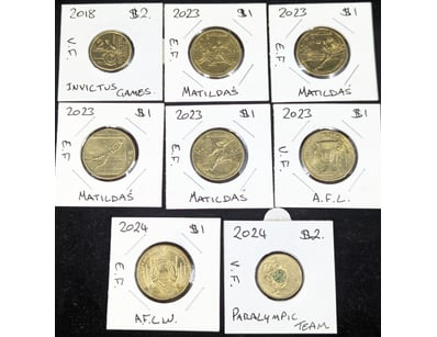 EIGHT AUSTRALIAN ONE AND TWO DOLLAR SPORTING COINS...