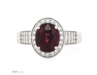 14K WHITE GOLD, RHODOLITE GARNET AND DIAMOND, HALO...