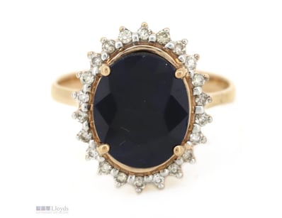 14K ROSE GOLD, BLUE SAPPHIRE AND DIAMOND, HALO RIN...