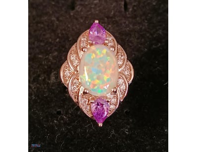 925 SILVER RING WITH WHITE CREATED OPAL AND PINK T...