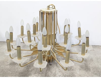 BRASS AND FROSTED GLASS CHANDELIER WITH CRYSTAL PR...