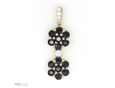 14K YELLOW GOLD, SAPPHIRE AND DIAMOND, FLORAL DROP...