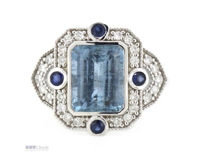 14K WHITE GOLD, AQUAMARINE, BLUE SAPPHIRE AND DIAM...