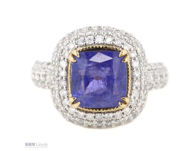 14K YELLOW GOLD, TANZANITE AND DIAMOND, CLUSTER RI...