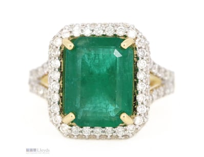 14K YELLOW/WHITE GOLD, EMERALD AND DIAMOND, HALO S...