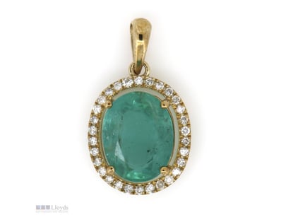 9K YELLOW GOLD, EMERALD AND DIAMOND, HALO PENDANT....