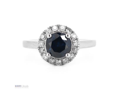 14K WHITE GOLD, BLUE DIAMOND AND DIAMOND, HALO RIN...