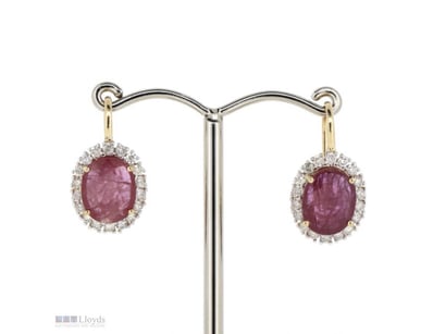 14K YELLOW GOLD, RUBY AND DIAMOND, HALO DROP EARRI...