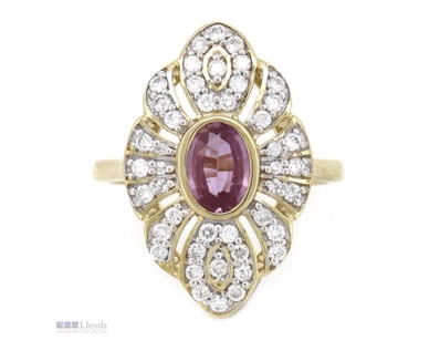 14K YELLOW GOLD, PINK SAPPHIRE AND DIAMOND, ANTIQU...